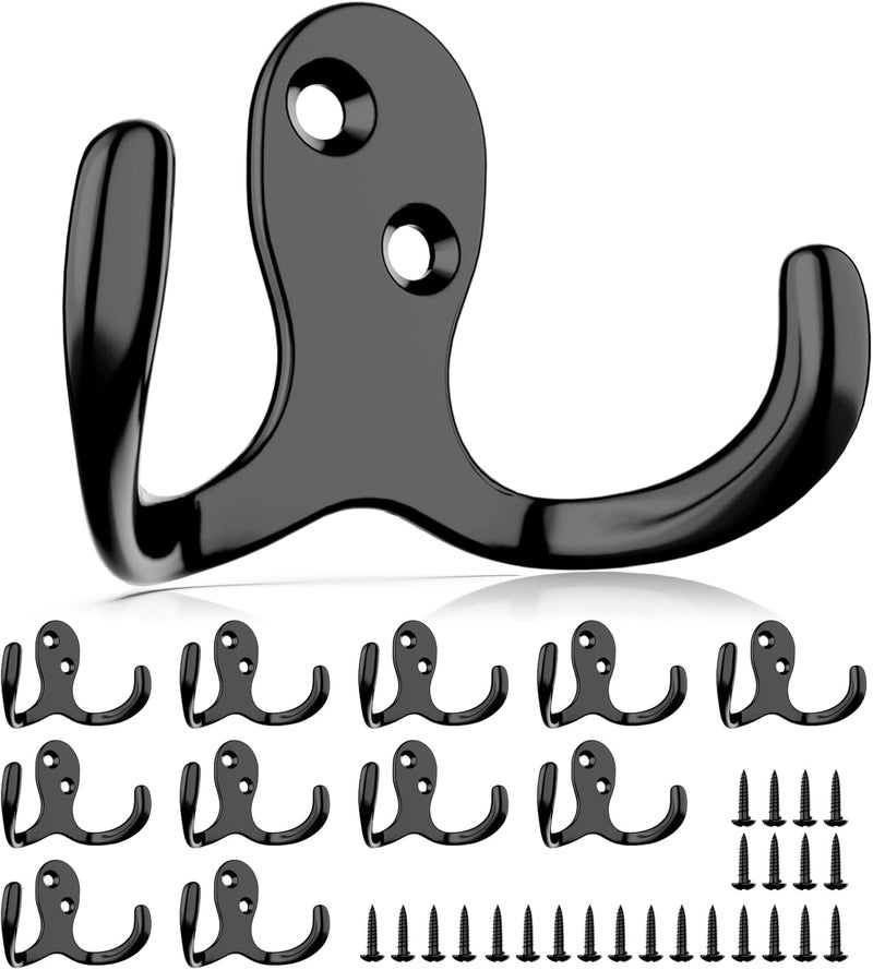 PRIGVOT 12-Pack Heavy Duty Double Prong Coat Hooks, Metal Wall Mounted Robe & Mug Hooks with 24 Screws for Kitchen, Pantry, Bedroom, Bathroom - Image 1